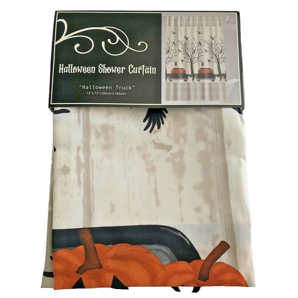 Halloween Farm Truck Shower Curtain 72x72" Black Pumpkin Crow Spooky Fabric